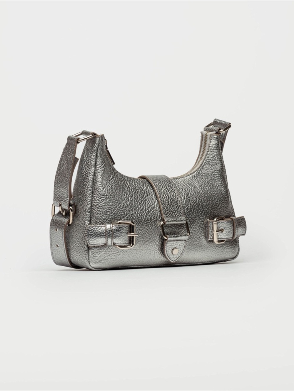 Prune x Gang Mini Bag Metallic Silver  Shoulder Strap Buckles Pebbled Leather